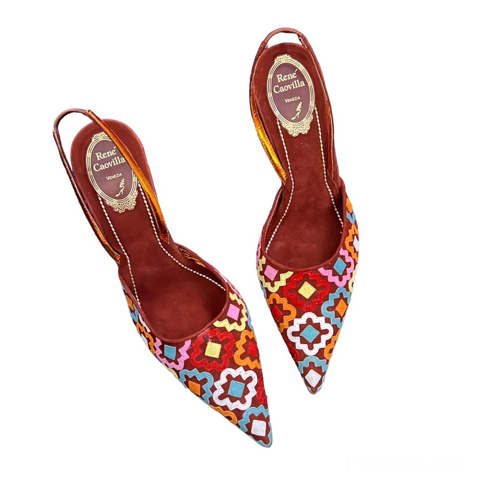 Rene Caovilla Multicolor Geometric Embroidered Slingback Heels - Picture 9 of 9